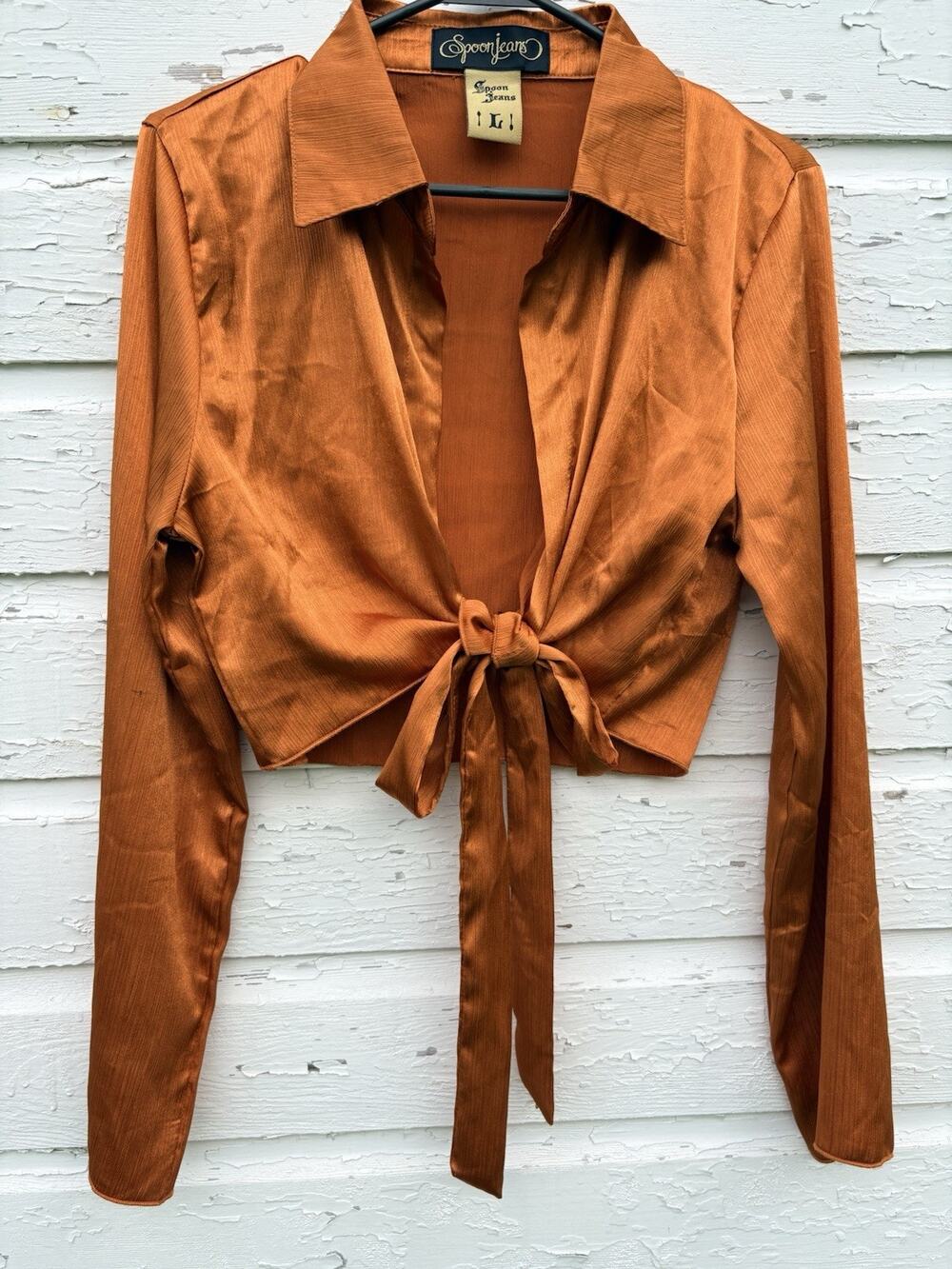 Spoon Jeans Wrap Top Shiny Satin Orange Collared Wrap Crop Y2K Tie Waist Large